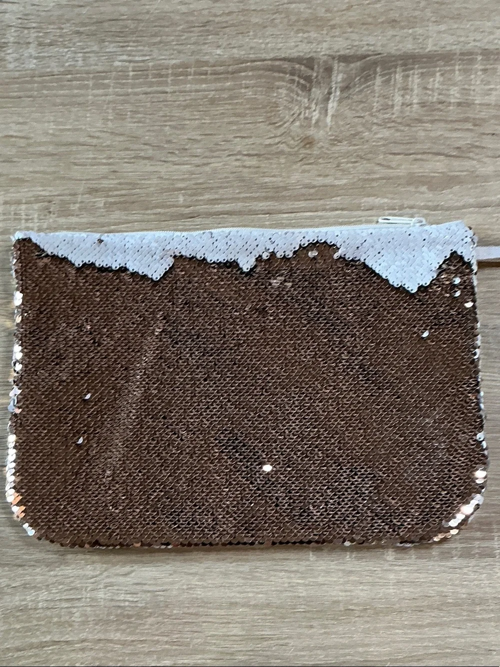 Sequin Wristlet Pouch - Reversible White and Copper